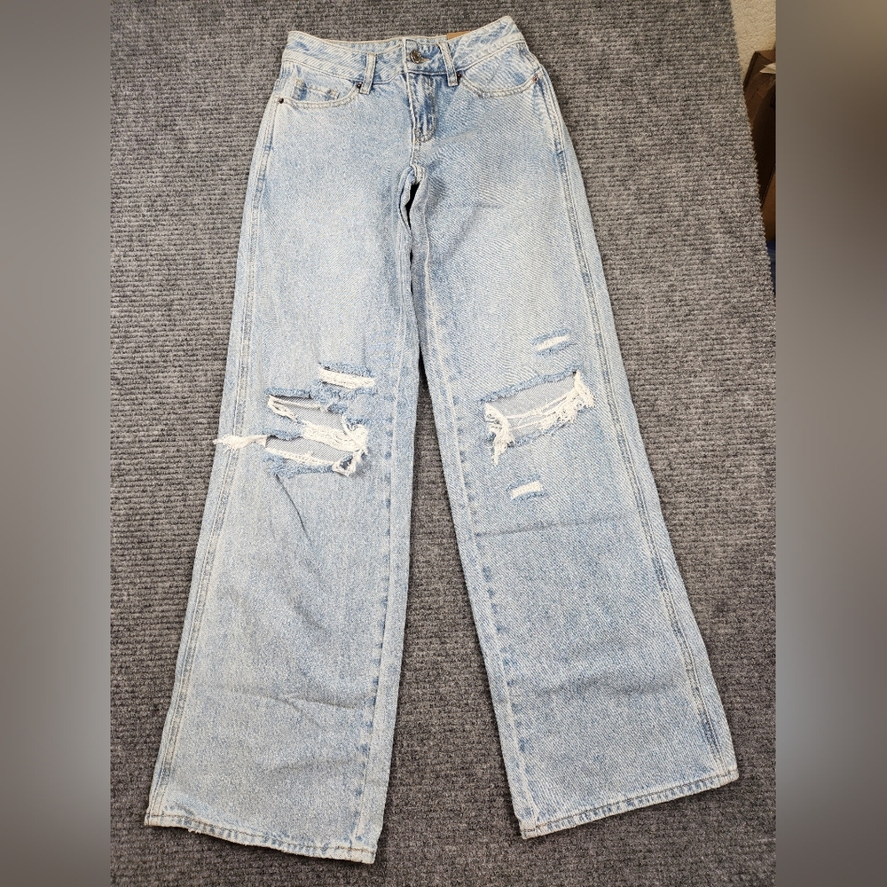 Pacsun Jeans Women 23 24x32 Blue Low Rise Baggy Distressed Wide Leg Skate NWT